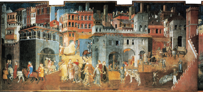 Ambrogio Lorenzetti, Effetti del Buon Governo in città e in campagna (particolare della città), 1337-1339, affresco, Siena , Palazzo Pubblico lorenzetti3